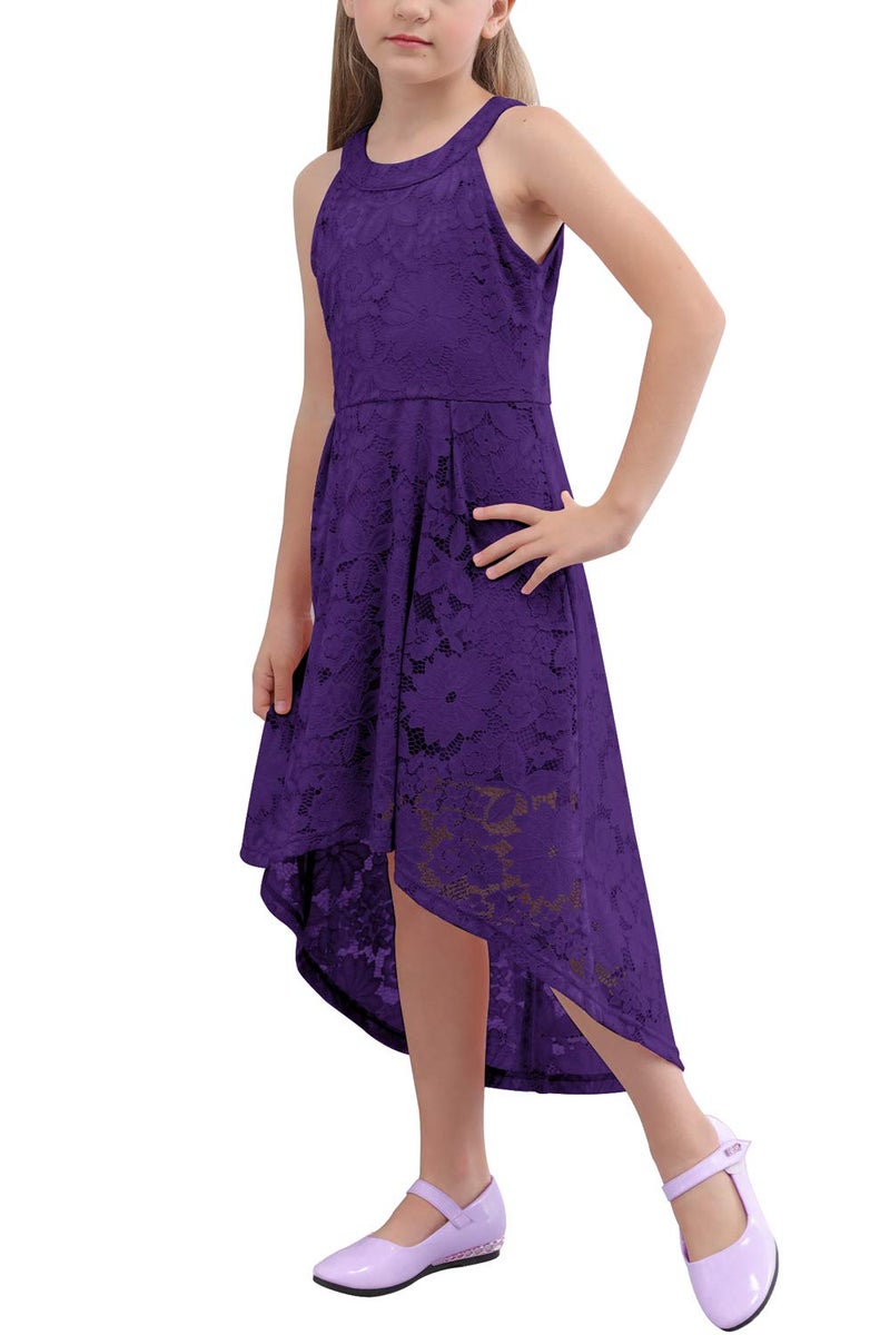 GORLYA Girl's Elegant Halter Neck Floral Lace Hi-Lo Flower Girl Birthday Party Dress for 4-14T Kids (GOR1027, 7-8Y, Purple) - Image 1